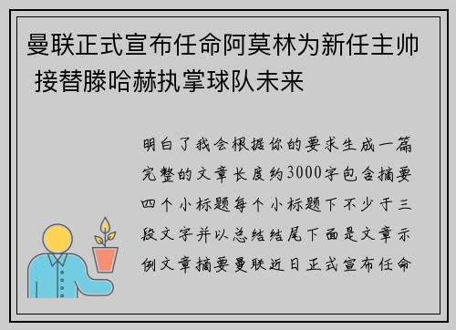 曼联正式宣布任命阿莫林为新任主帅 接替滕哈赫执掌球队未来 曼联正式宣布任命阿莫林为新任主帅 接替滕哈赫执掌球队未来